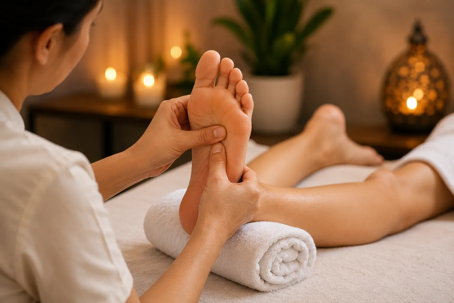 Demonstração de reflexologia nos pés